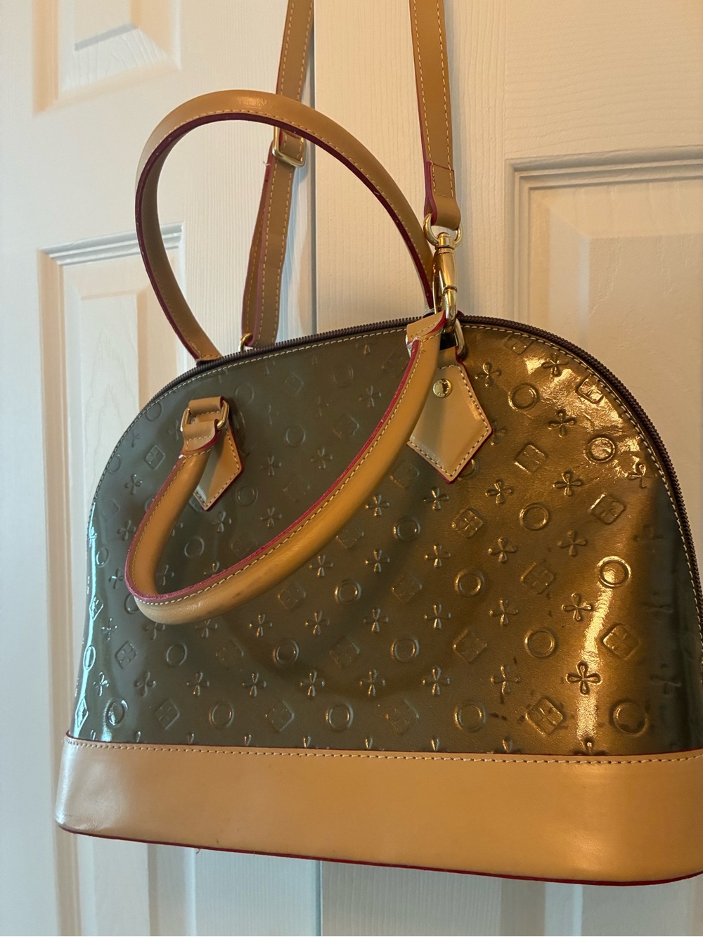 Glossy Olive Dome Crossbody Bag with Tan Trim